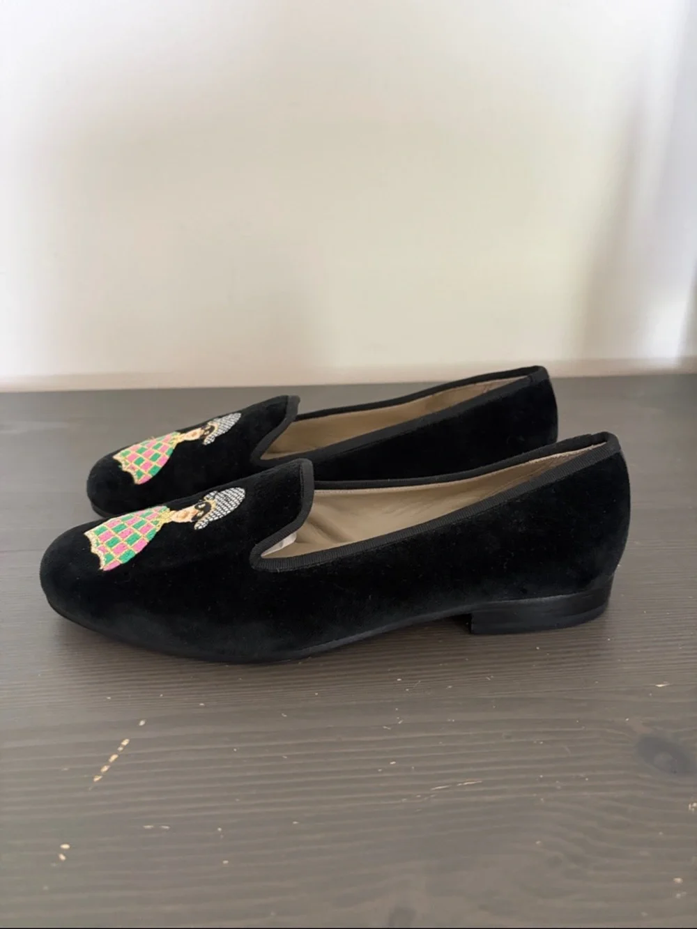 Stubbs & Wootton Black Velvet Loafers Embroidered‎ Masked Harlequin Flats Size 7